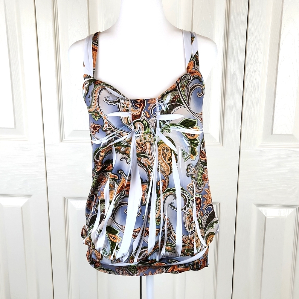 Y2K  XL Tank Top Paisley Pleated Effect White Blue Orange Green